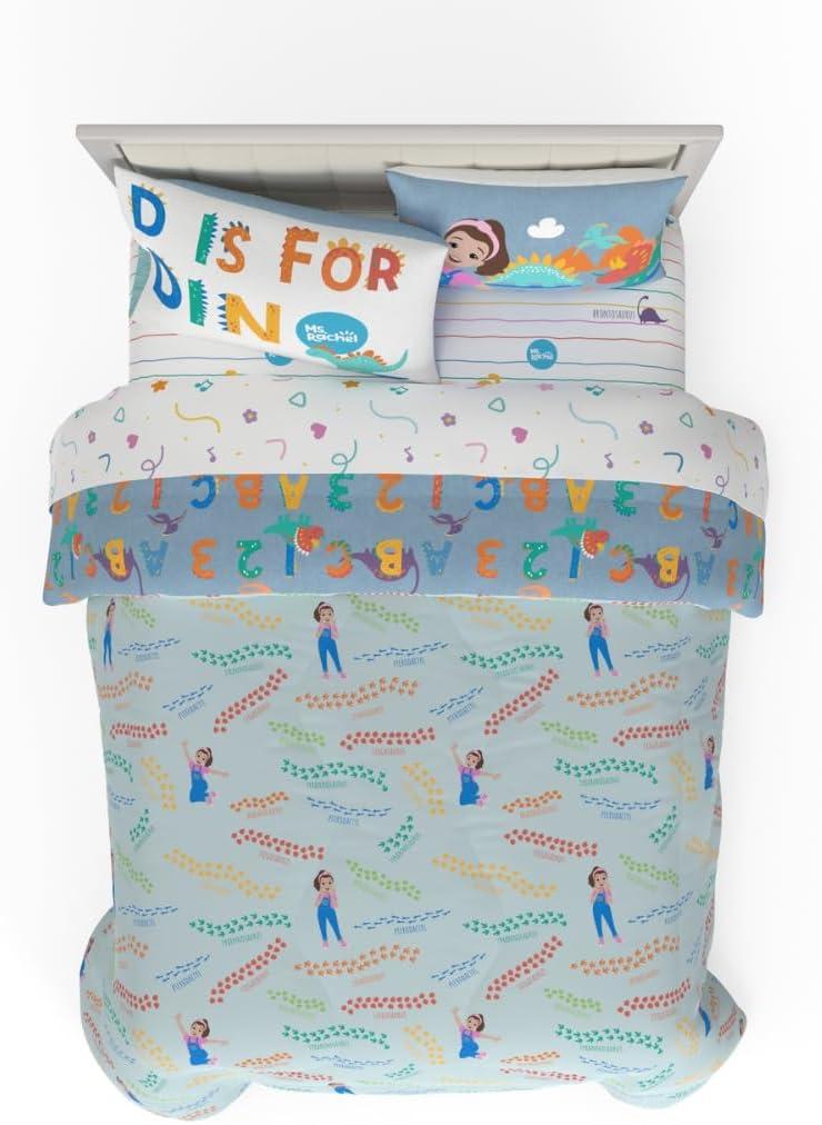 imageFranco Ms Rachel Educational Adventures Dino Learning Kids Bedding Super Soft ampamp Cozy Reversible Microfiber Comforter and Sheet Set 7 Piece Full Size Officially Licensed ProductMs Rachel