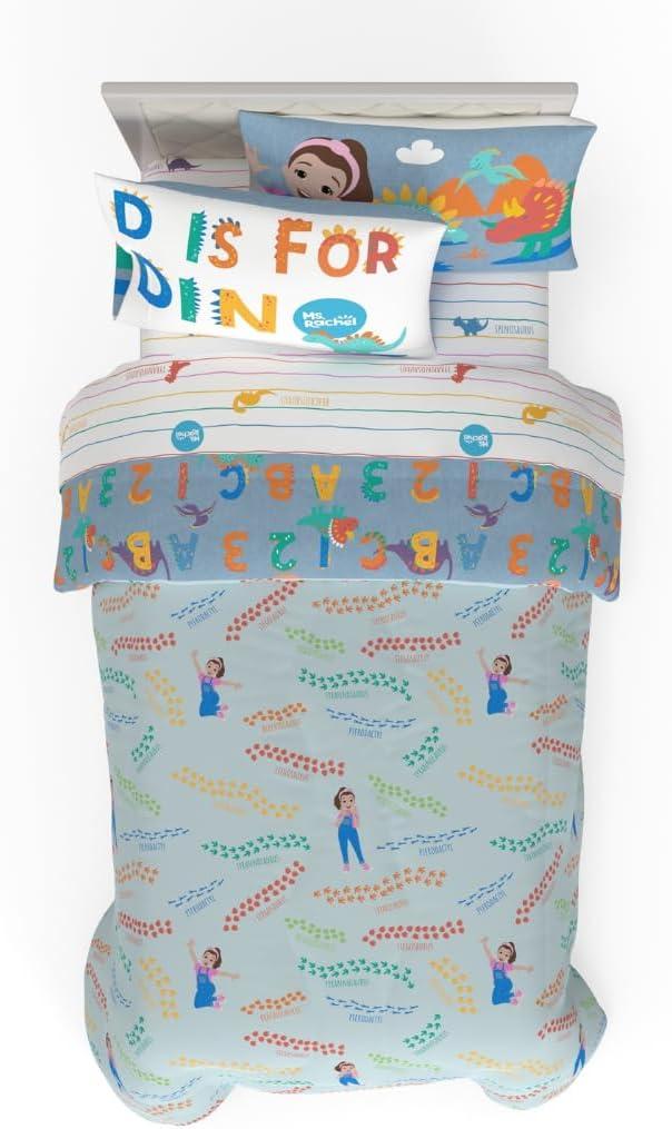 imageFranco Ms Rachel Educational Adventures Dino Learning Kids Bedding Super Soft ampamp Cozy Reversible Microfiber Comforter and Sheet Set 7 Piece Full Size Officially Licensed ProductMs Rachel