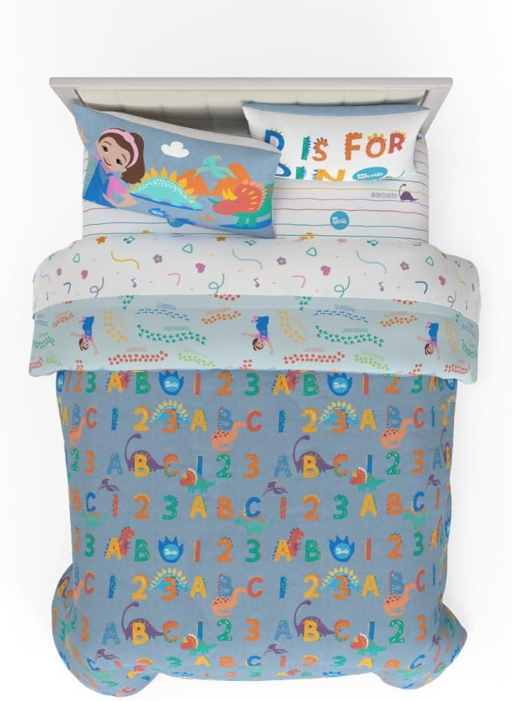 imageFranco Ms Rachel Educational Adventures Dino Learning Kids Bedding Super Soft ampamp Cozy Reversible Microfiber Comforter and Sheet Set 7 Piece Full Size Officially Licensed ProductMs Rachel