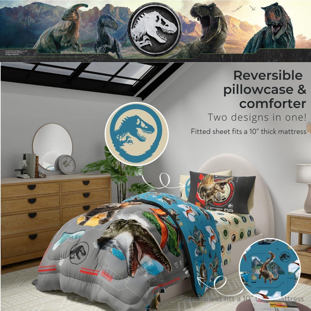 imageFranco Ms Rachel Educational Adventures Kids Bedding Super Soft Microfiber Comforter and Sheet Set 4 Piece Twin Size Officially Licensed ProductJurassic World Rebirth