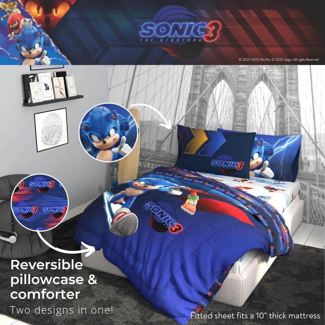 imageFranco Ms Rachel Educational Adventures Kids Bedding Super Soft Microfiber Comforter and Sheet Set 4 Piece Twin Size Officially Licensed ProductSonic the Hedgehog 3