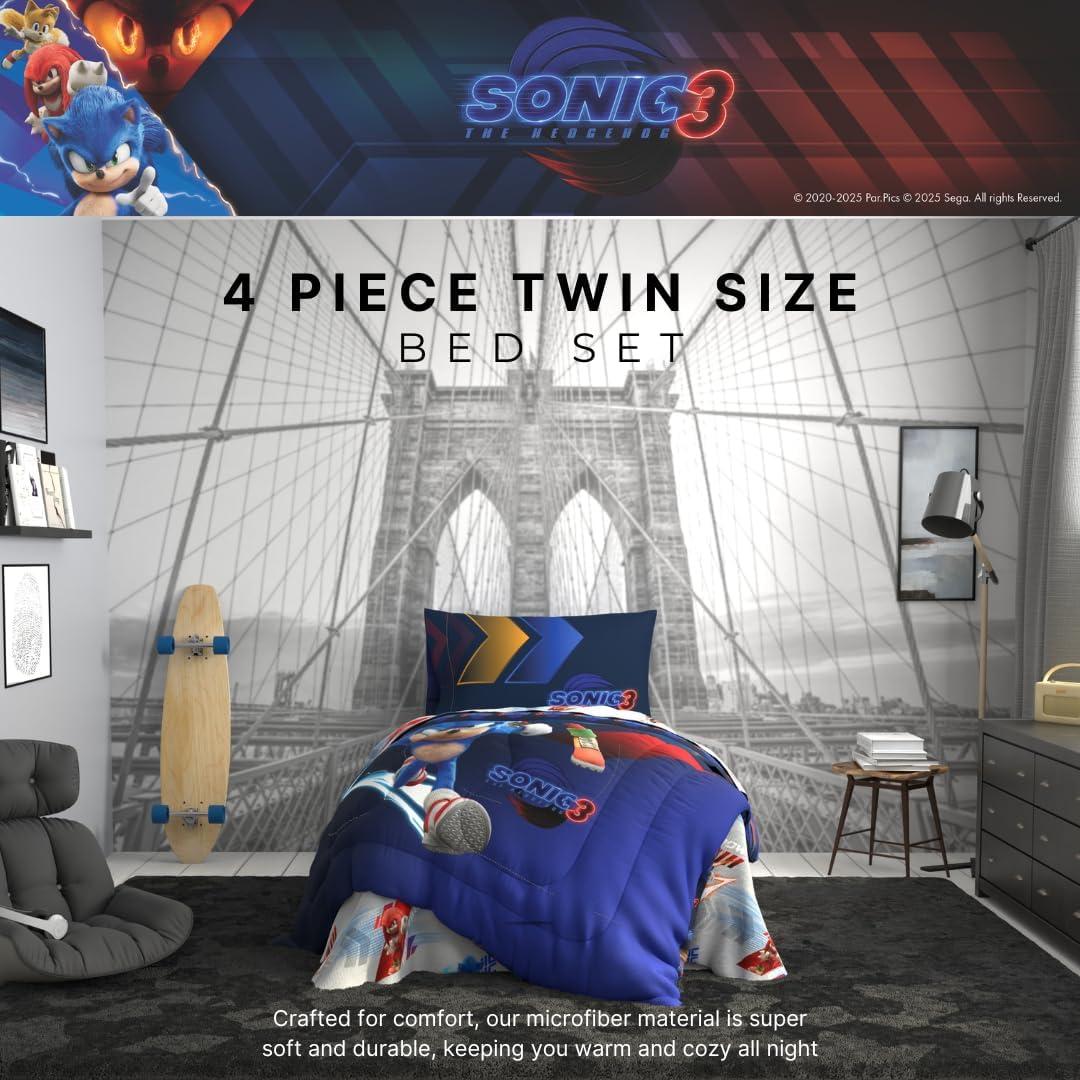 imageFranco Ms Rachel Educational Adventures Kids Bedding Super Soft Microfiber Comforter and Sheet Set 4 Piece Twin Size Officially Licensed ProductSonic the Hedgehog 3