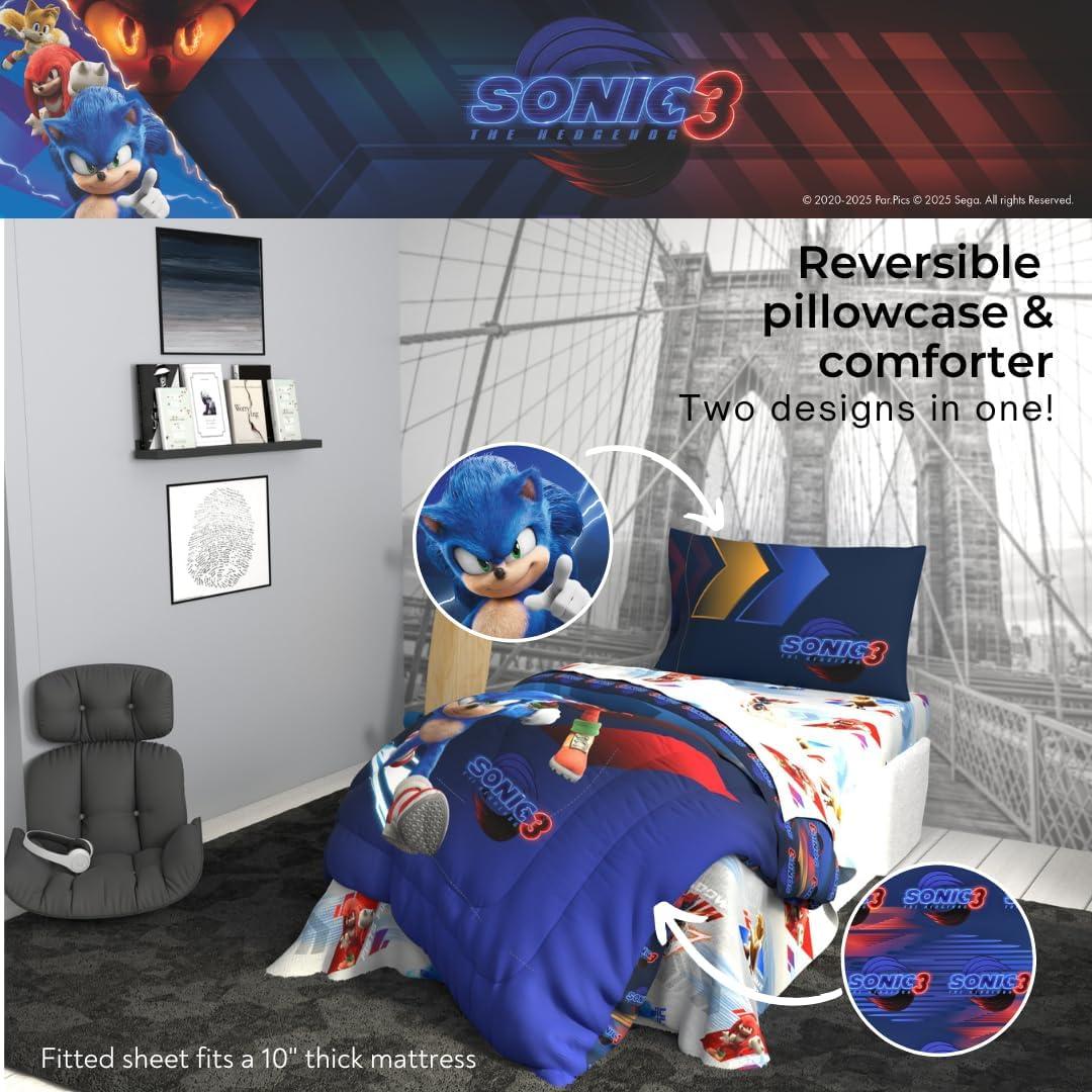 imageFranco Ms Rachel Educational Adventures Kids Bedding Super Soft Microfiber Comforter and Sheet Set 4 Piece Twin Size Officially Licensed ProductSonic the Hedgehog 3