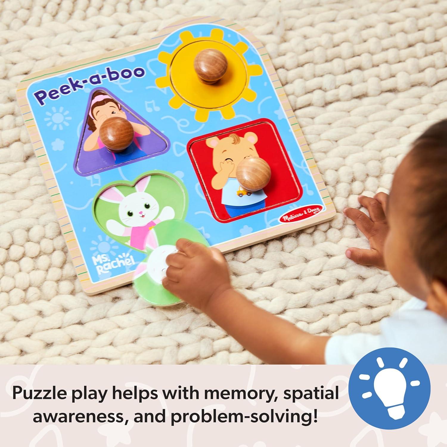 imageMelissa ampamp Doug Ms Rachel Wooden PeekaBoo Jumbo Peg Puzzle 4Piece with Mirror Toddler Toys for Boys and Girls Ages 1 Years