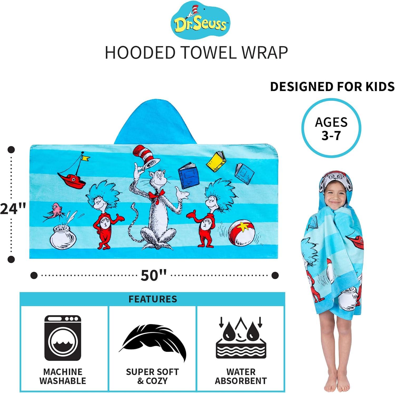 imageMs Rachel Kids Super Soft BathPoolBeach Soft Cotton Terry Hooded Towel Wrap 24 in x 50 in Officially Licensed Product By FrancoDr Seuss Cat in the Hat