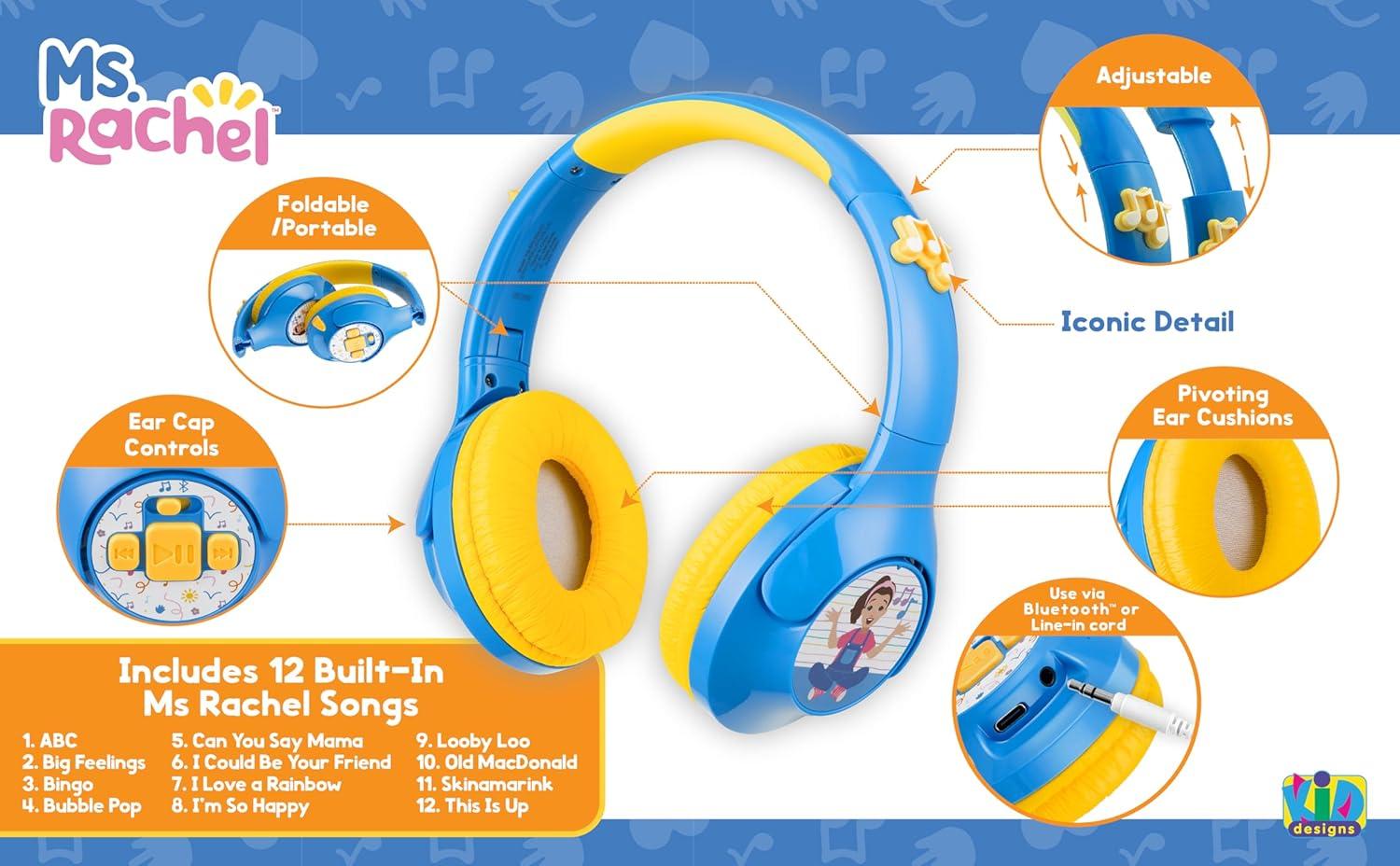imageeKids Ms Rachel Toddler Headphones with Builtin Kids Music Bluetooth Headphones with Rechargeable Battery and USBC Charging Cable