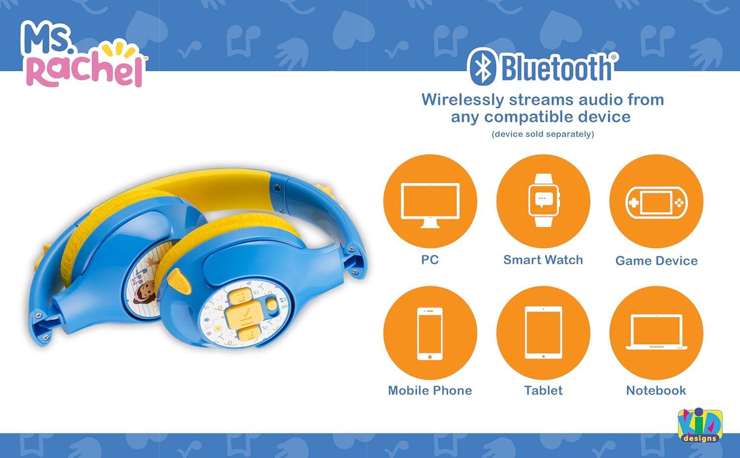 imageeKids Ms Rachel Toddler Headphones with Builtin Kids Music Bluetooth Headphones with Rechargeable Battery and USBC Charging Cable