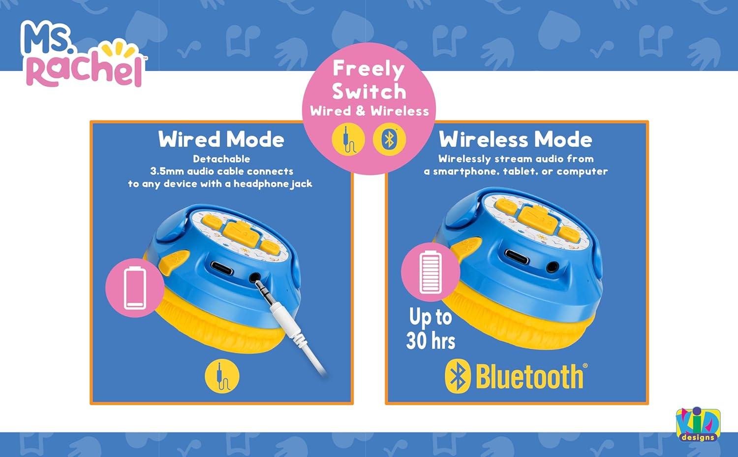 imageeKids Ms Rachel Toddler Headphones with Builtin Kids Music Bluetooth Headphones with Rechargeable Battery and USBC Charging Cable