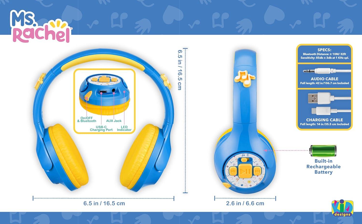 imageeKids Ms Rachel Toddler Headphones with Builtin Kids Music Bluetooth Headphones with Rechargeable Battery and USBC Charging Cable