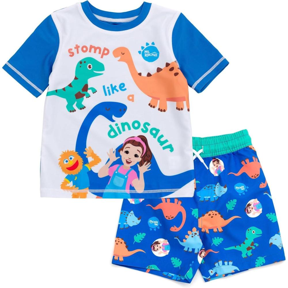 imageMs Rachel Dinosaur UPF 50 Rash Guard and Swim Trunks Outfit Set Infant to Little Kid Sizes 12 Months 5Blue