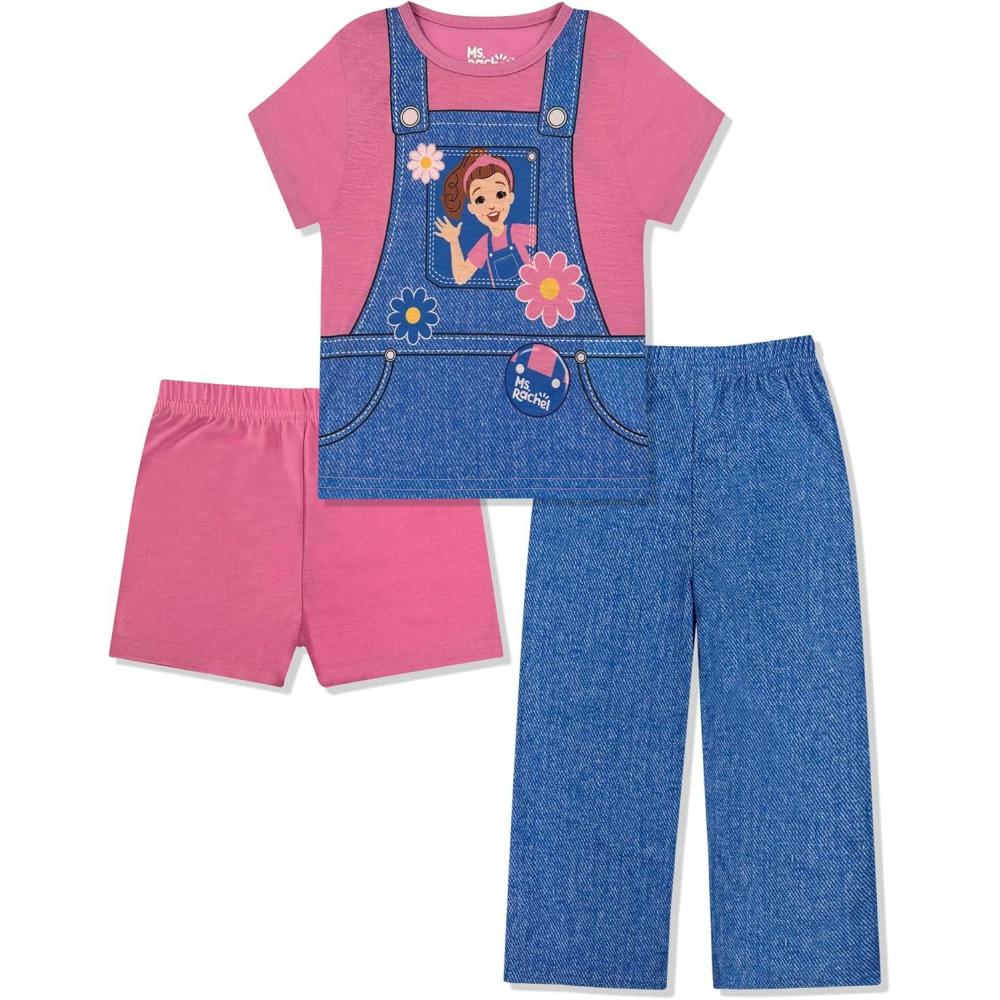 imageMs Rachel Kids Pajama Set 3 Piece Sleepwear Set with Pants Shirt ampamp Shorts Girls ampamp Boys Toddler Pjs Official ProductGirls PinkBlue