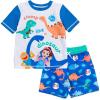 Ms. Rachel Dinosaur UPF 50+ Rash Guard and Swim Trunks Outfit Set Infant to Little Kid Sizes (12 Months – 5)(Blue)