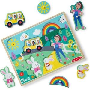 Melissa & Doug® Ms. Rachel™ Wooden Song Peg Puzzle, 6-Piece Light-Activated Sound Puzzle with Full Songs, Toddler Toys for Boys and Girls Ages 2-5+ Years – FSC Certified
