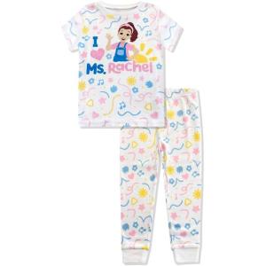 Ms. Rachel 2 Piece Pajama Set – Toddler Girls Boys PJ Set, Short Sleeve Shirt & Pants – Kids Sleepwear Set – Official License(White)