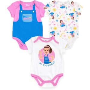 Ms. Rachel Baby Girls 3 Pack Cosplay Bodysuits Newborn to Infant Sizes (Newborn – 24 Months)(Pink / White)