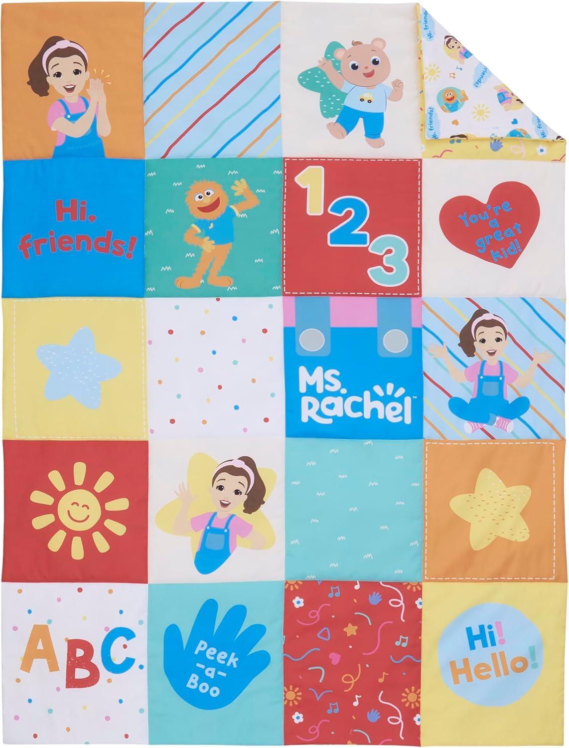 image:imageMs Rachel Happy Patchwork 4 Piece Toddler Bed Set  Comforter Fitted Bottom Sheet Flat Top Sheet Reversible Pillowcase MultiColored