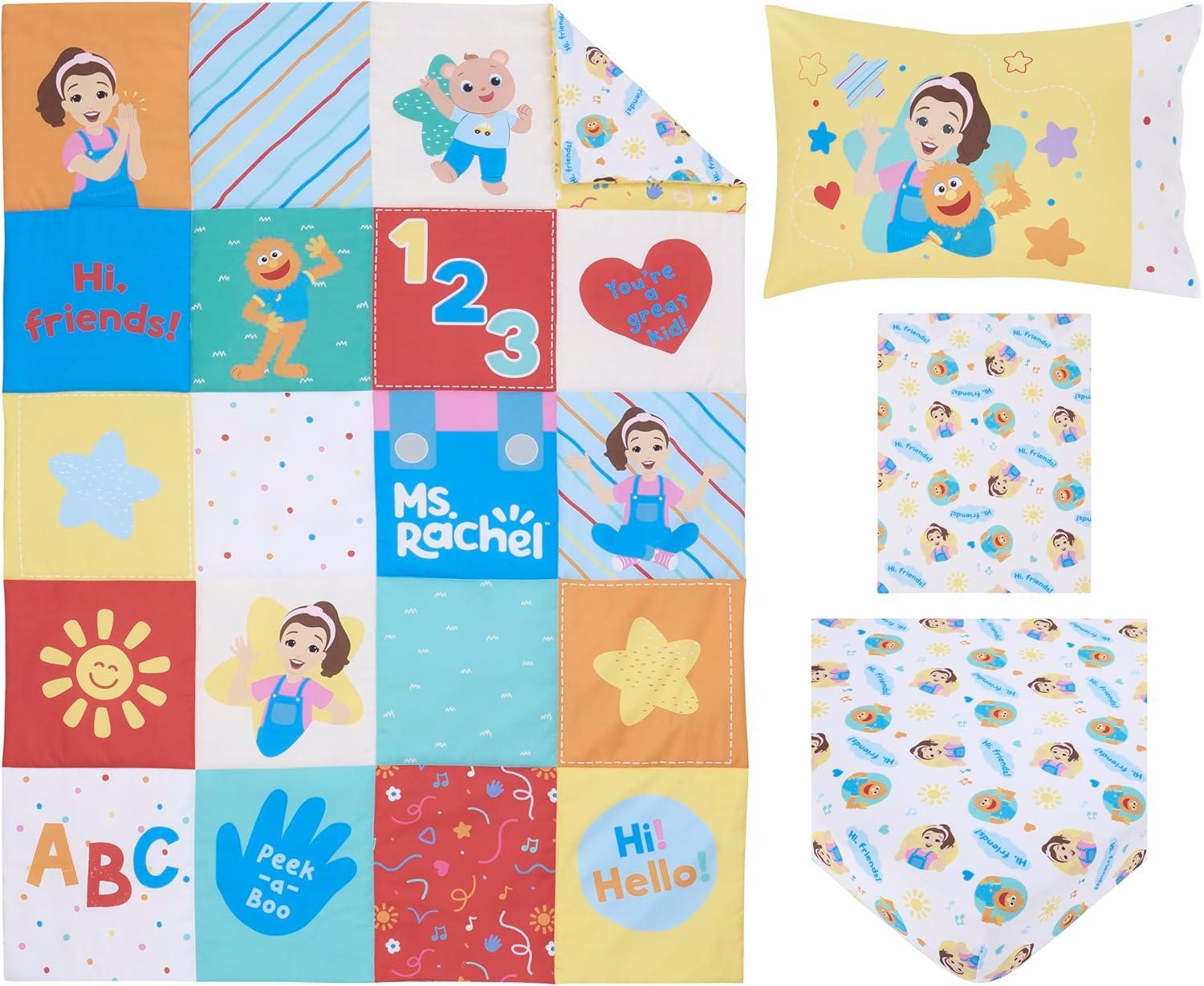 image:imageMs Rachel Happy Patchwork 4 Piece Toddler Bed Set  Comforter Fitted Bottom Sheet Flat Top Sheet Reversible Pillowcase MultiColored