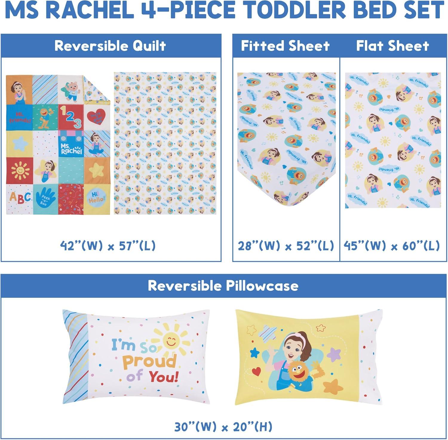 image:imageMs Rachel Happy Patchwork 4 Piece Toddler Bed Set  Comforter Fitted Bottom Sheet Flat Top Sheet Reversible Pillowcase MultiColored