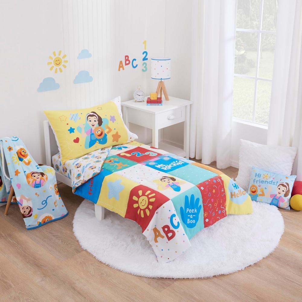 image:imageMs Rachel Happy Patchwork 4 Piece Toddler Bed Set  Comforter Fitted Bottom Sheet Flat Top Sheet Reversible Pillowcase MultiColored