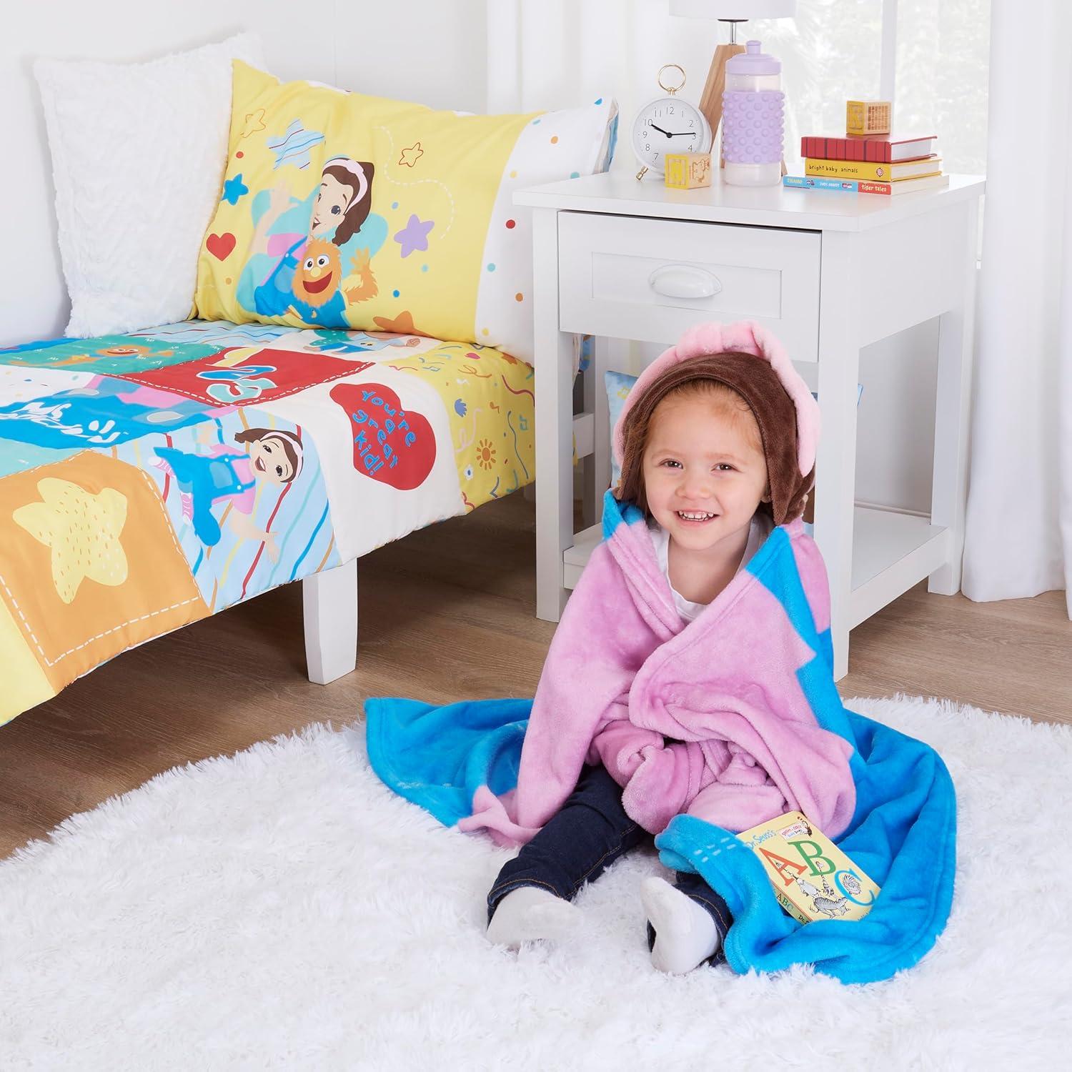 image:imageMs Rachel Happy Patchwork Hooded Toddler Blanket Blue amp Pink