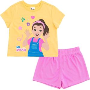 Ms. Rachel T-Shirt and Mesh Shorts Outfit Set Infant to Little Kid Sizes (12 Months – 5)(Pink / Yellow)