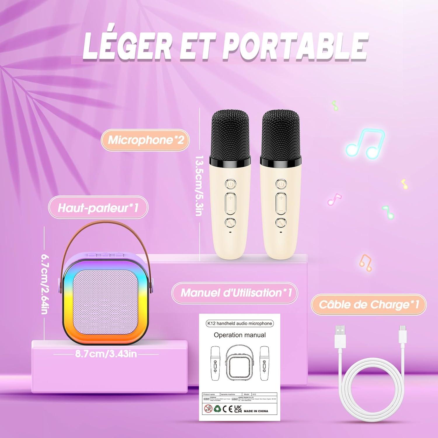 imageMicro Enfant pour ChanterCadeau Fille 312 Ans Microphone Karaoke Jouet Fille 312 Ans Karaok avec 2 Microphone sans Fil avec clairage LED Amusant et HautParleur Intgr Cadeaux NoelBlanc