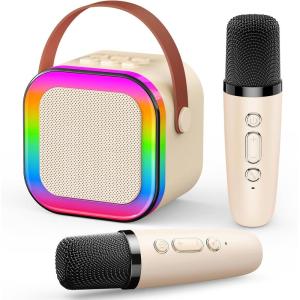 Micro Enfant pour Chanter,Cadeau Fille 3-12 Ans Microphone Karaoke Jouet Fille 3-12 Ans Karaoké avec 2 Microphone sans Fil avec Éclairage LED Amusant et Haut-Parleur Intégré Cadeaux Noel(Blanc)