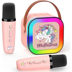 Micro Enfant pour Chanter,Cadeau Fille 3-12 Ans Microphone Karaoke Jouet Fille 3-12 Ans Karaoké avec 2 Microphone sans Fil avec Éclairage LED Amusant et Haut-Parleur Intégré Cadeaux Noel(Licorne-Rose)
