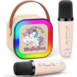 Micro Enfant pour Chanter,Cadeau Fille 3-12 Ans Microphone Karaoke Jouet Fille 3-12 Ans Karaoké avec 2 Microphone sans Fil avec Éclairage LED Amusant et Haut-Parleur Intégré Cadeaux Noel(Licorne-Beige)