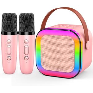 Micro Enfant pour Chanter,Cadeau Fille 3-12 Ans Microphone Karaoke Jouet Fille 3-12 Ans Karaoké avec 2 Microphone sans Fil avec Éclairage LED Amusant et Haut-Parleur Intégré Cadeaux Noel(Rose)