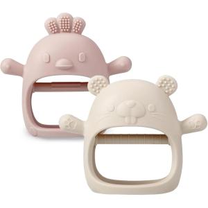 PandaEar Lot de 2 Jouets de Dentition en Silicone pour Bébé | Gant de Dentition pour Bébé pour Succion | Jouets de Dentition pour Bébé Sucette à Mâcher pour Soulager les Douleurs (Blanc/Bleu)(Blanc/Rose)