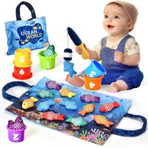 Jouet Bebe 1 an Fille, Montessori Pêche a la Ligne Jeux pour Enfant 6 9 12 18 Mois, Educatif Jeu Bébé, Cadeau pour Fille Garcon 1-3 Ans-Rose(Bleu)
