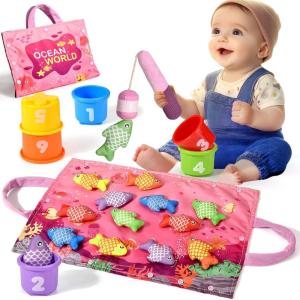 Jouet Bebe 1 an Fille, Montessori Pêche a la Ligne Jeux pour Enfant 6 9 12 18 Mois, Educatif Jeu Bébé, Cadeau pour Fille Garcon 1-3 Ans-Rose(Rose)