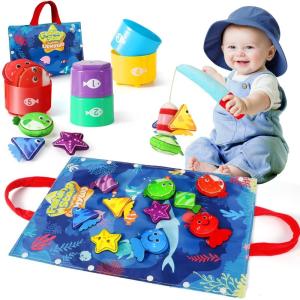 URMYWO Jouet Bébé 1 an, Pêche à la Ligne Enfant Montessori et Jouet Éducatif – Pliable, Lavable en Machine, Portable pour l&rsquo;Apprentissage du Comptage et du Tri des Couleurs, Cadeau Enfant 1-3 Ans(Bleu)
