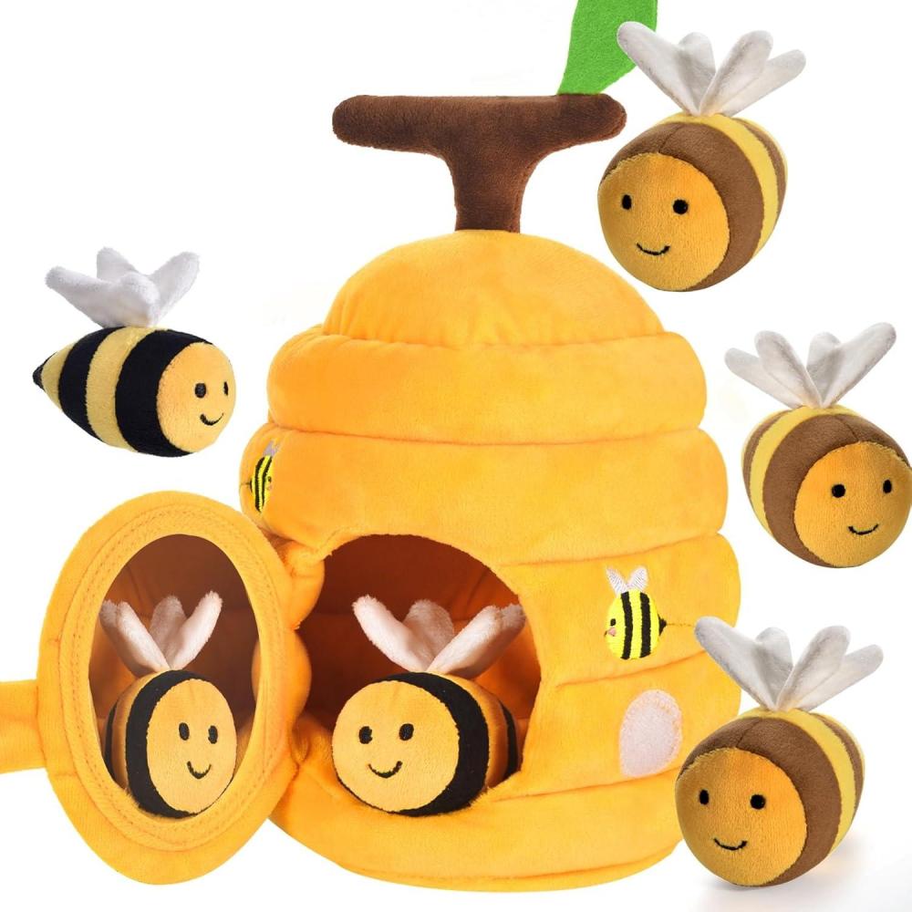 imageJouet Bebe 6 Mois Montessori Ruche en Peluche avec 5 Sensoriel Abeilles Jeux Eveil Bebe avec Hochet Miroir Cadeau Bb Enfant Fille et Garon ds 6 9 12 Mois 1 an