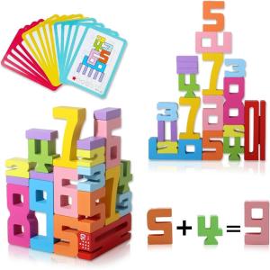 20 pièces Number Building Blocks, Blocs de Construction en Bois avec 15 Cartes d&rsquo;apprentissage pour Enfants, Blocs de Construction en Bois avec Chiffres Cadeaux pour Filles, garçons