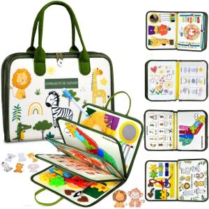 10 en 1 Française Busy Board Jouet Montessori 2 Ans, Ferme Jouets Montessori Enfants Motricité Fine et Jouet Éducatif Sensoriel Préscolaire, Cadeau pour Enfants Garçon Fille 1 2 3 4 5 Ans(Animaux de Safari)