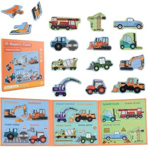 ASTARON Puzzle magnétique Animaux avec 60 Autocollants gonflés pour Tout-Petits, 41 pièces Puzzles éducation préscolaire Apprentissage Jouets de Voyage Voiture Avion activités(Camion de chantier)