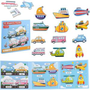 ASTARON Puzzle magnétique Animaux avec 60 Autocollants gonflés pour Tout-Petits, 41 pièces Puzzles éducation préscolaire Apprentissage Jouets de Voyage Voiture Avion activités(Trafic)