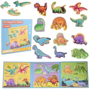 ASTARON Puzzle magnétique Animaux avec 60 Autocollants gonflés pour Tout-Petits, 41 pièces Puzzles éducation préscolaire Apprentissage Jouets de Voyage Voiture Avion activités(Dinosaure)