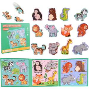 ASTARON Puzzle magnétique Animaux avec 60 Autocollants gonflés pour Tout-Petits, 41 pièces Puzzles éducation préscolaire Apprentissage Jouets de Voyage Voiture Avion activités(Animal)