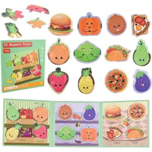 ASTARON Puzzle magnétique Animaux avec 60 Autocollants gonflés pour Tout-Petits, 41 pièces Puzzles éducation préscolaire Apprentissage Jouets de Voyage Voiture Avion activités(Nourriture)