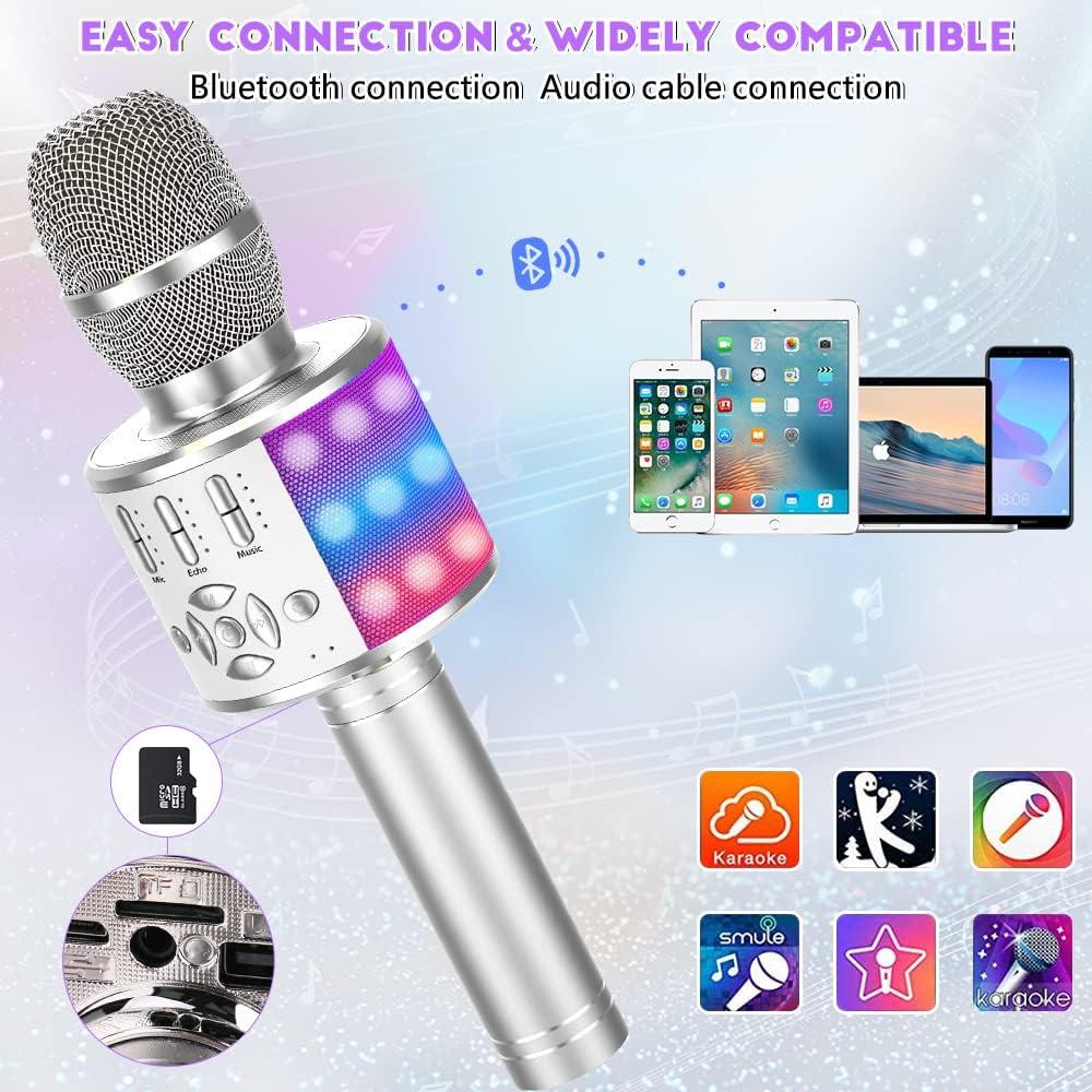 imageAnkuka Microphone sans Fil Karaok Micro Karaoke Enfant avec Lumires LED de Danse Microphone Bluetooth pour Enfants Fille Garcon pour Fte Chanter Ide Cadeau de Nol Anniversaire OrKP06Argent