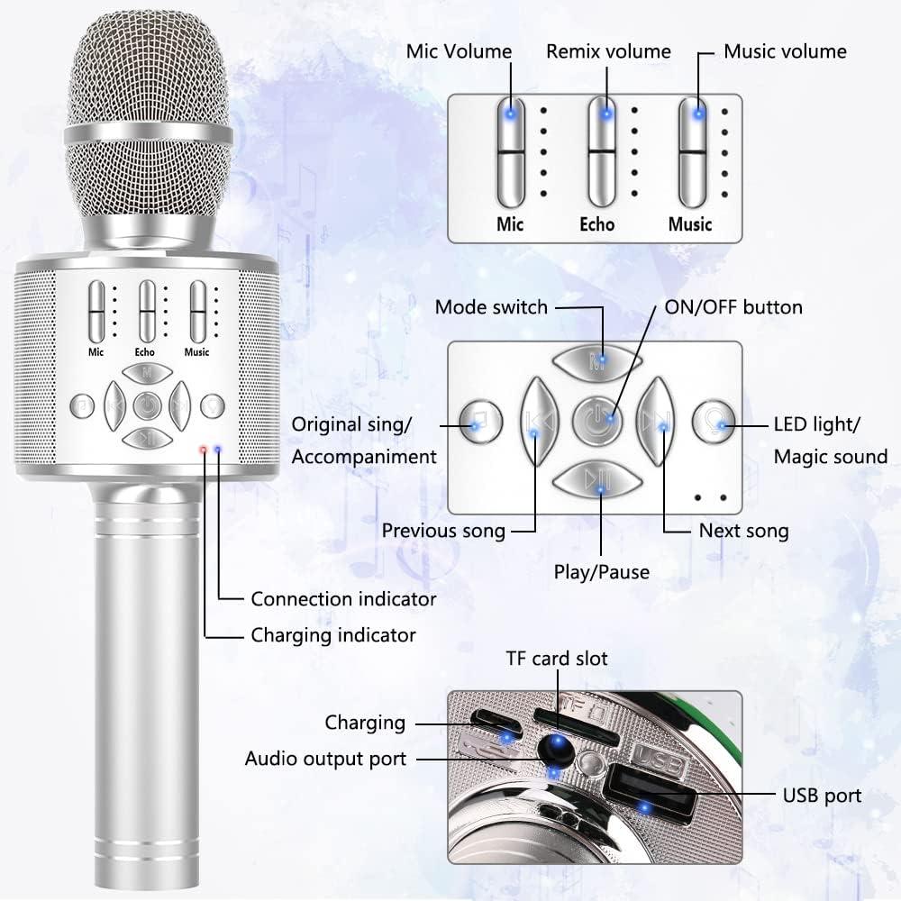 imageAnkuka Microphone sans Fil Karaok Micro Karaoke Enfant avec Lumires LED de Danse Microphone Bluetooth pour Enfants Fille Garcon pour Fte Chanter Ide Cadeau de Nol Anniversaire OrKP06Argent