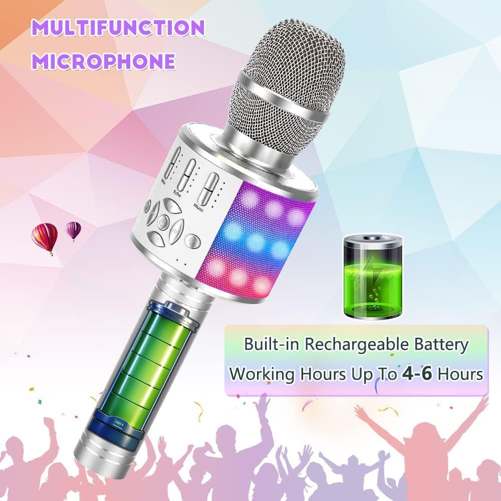 imageAnkuka Microphone sans Fil Karaok Micro Karaoke Enfant avec Lumires LED de Danse Microphone Bluetooth pour Enfants Fille Garcon pour Fte Chanter Ide Cadeau de Nol Anniversaire OrKP06Argent