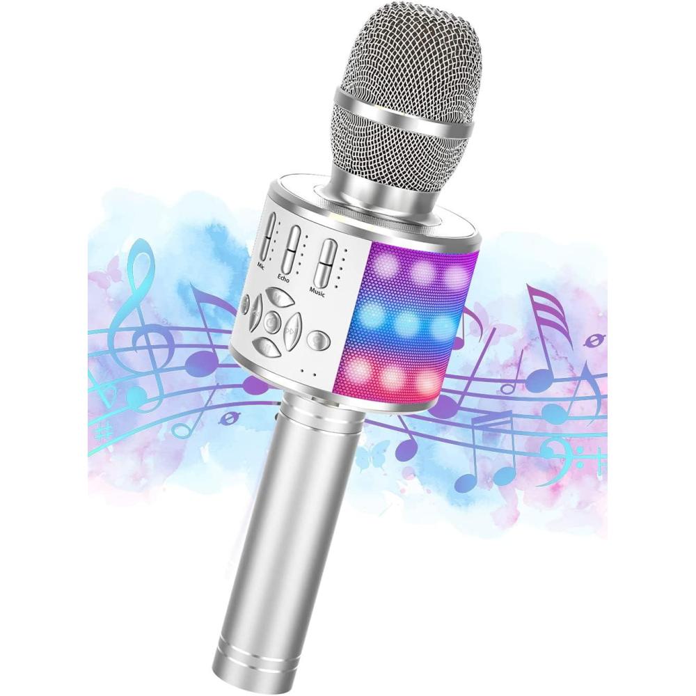 imageAnkuka Microphone sans Fil Karaok Micro Karaoke Enfant avec Lumires LED de Danse Microphone Bluetooth pour Enfants Fille Garcon pour Fte Chanter Ide Cadeau de Nol Anniversaire OrKP06Argent