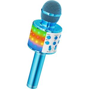 Ankuka Microphone sans Fil Karaoké, Micro Karaoke Enfant avec Lumières LED de Danse, Microphone Bluetooth pour Enfants Fille Garcon pour Fête Chanter Idée Cadeau de Noël Anniversaire Or(Ap05-bleu)