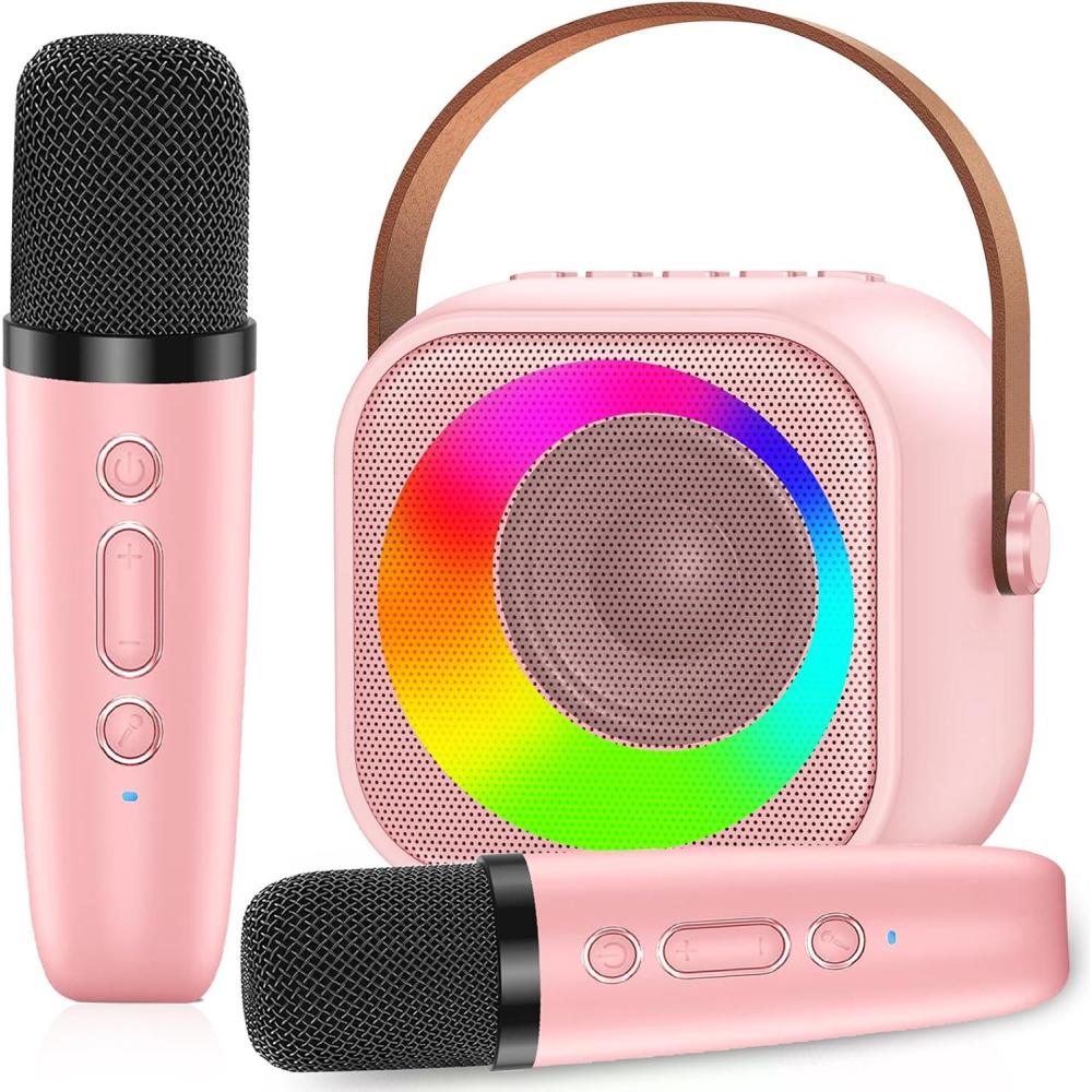 imageKaraoke Enfant avec 2 Microphones Microphone Karaok sans Fil HautParleur Bluetooth avec Micro Jouet de Machine Karaok avec LED Lumire pour Enfant Adulte Fille Cadeau Chanterrose
