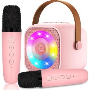 Karaoke Enfant avec 2 Microphones, Microphone Karaoké sans Fil, Haut-Parleur Bluetooth avec Micro, Jouet de Machine Karaoké avec LED Lumière pour Enfant Adulte Fille Cadeau Chanter(Pink-2Mic)