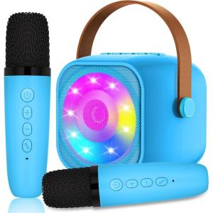 Karaoke Enfant avec 2 Microphones, Microphone Karaoké sans Fil, Haut-Parleur Bluetooth avec Micro, Jouet de Machine Karaoké avec LED Lumière pour Enfant Adulte Fille Cadeau Chanter(Blue-2Mic)